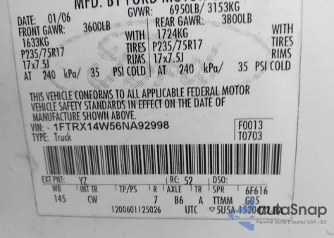 2006 Ford F150 из США, поврежденный, VIN 1FTRX14W56NA92998